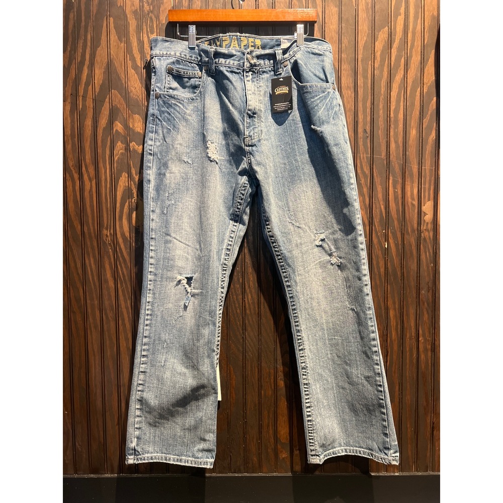 Flypaper Mens Distressed Straight Leg Jeans Light Wash Ripped Denim Blue 34x29